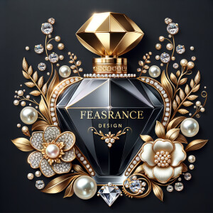 Design a fancy, black and gold bottle of perfume in the shape of a woman’s body. With a golden diamond top, flowers pearls and Diamonds in the name, Karen