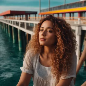 An ultrarealistic film grain image of a woman with long curly ra...