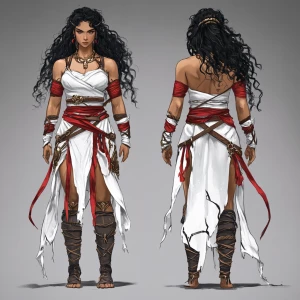 A powerful female warrior character design, front and back view,...