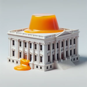 Generate a hyper-realistic image of the White House with an oversized, vivid orange pudding on the roof, visibly dripping down the building's sides.