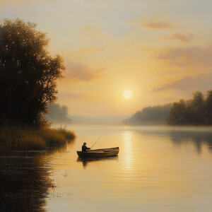 A peaceful morning scene on a fishing lake, with an angler in a...