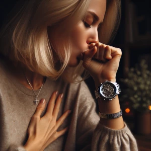 Blonde woman coughing and wearing a watch