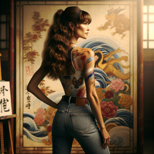 Athletic Thin skinny Attractive, Asian teenage girl, long brown hair and bangs, wearing tight skinny jeans and a halter top paint marks on her clothing, heroic pose Asian graffiti background, backside view