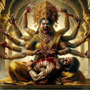 portrait of angry looking, four-armed indian goddess sitting on...
