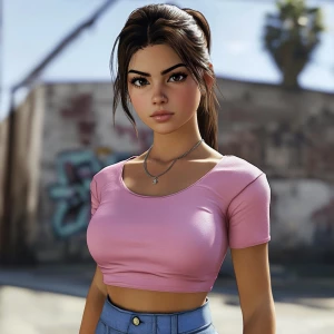 Lucia from GTA. girl with brown hair, big eyebrows, pumped up li...