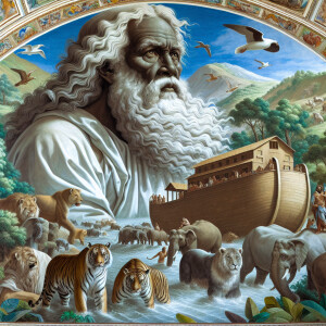 A close-up and detailed wall painting focusing on Noah, depicted...