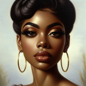 Create an oil painting of a light-skinned African-American woman...