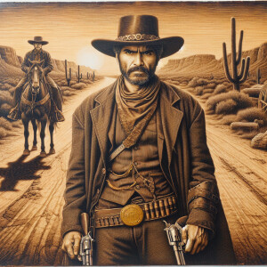 An old west cowboy standing in the middle of the road, six shoot...
