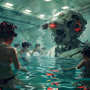 Cyborg's  swimming in a pool,  with humans watching being lifegu...