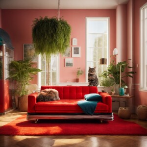 Design an inviting modern living room featuring polished wooden...