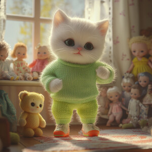 little white kitten wearing a neon green sweater wearing trainin...