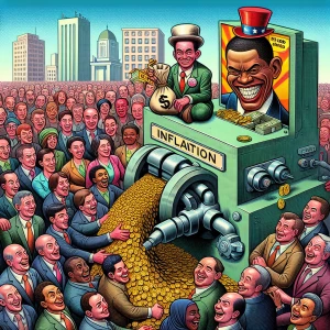 A colorful, detailed cartoon of a crowd of people handing over bags of money to a large, grinning machine labeled ‘Inflation,’ which then spits out increasingly tiny coins. In the background, workers in suits celebrate next to a large sign reading ‘Record Stock Market Gains