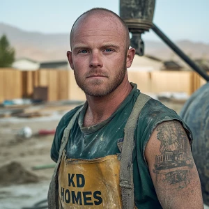 Brian Nobles a real 28 year old Caucasian male who is using  a concrete mixer, he is a  pump operator holding the hose which carries the liquid concrete to the foundation pour, Brian is slowly  beginning his transition into adult maturity , Brian Nobles is beginning to look like a grown man, he has large reflective blue eyes and a wrinkled brow,Brian is now balding , prominent large protruding round fat obese belly,,thick greying goatee beard, healthy muscle mass ,very noticeable male pattern balding hairline, Brian Nobles now has a  prominent receding and thinning male hairline (onset male pattern baldness), slightly fat overweight(Caucasian)wearing tight body conforming  glossy satin shiny green and gold tight fitting body conforming UnderArmour athletic bodysuit,emblazoned with the "KD HOMES" real estate logo, standing confidently in front of a newly completed constructed new KD HOME in Victorville California in a raw desert landscape. Brian has a protruding fat obese muscular physique, large male bulge, fat obese muscular frame , shows a substantial frame with a noticeable mature hairline and expressive eyes. His workman’s  pose should reflect his experience in his trade.