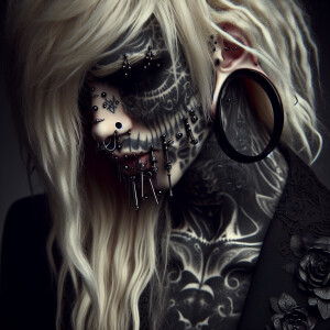A blonde haired Gothic Man with piercings and Gothic tattoos