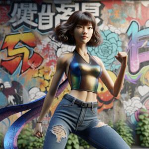 Athletic Thin skinny Attractive, Asian teenage girl, long brown hair and bangs, wearing tight skinny jeans and a halter top paint marks on her clothing, heroic pose Asian graffiti background