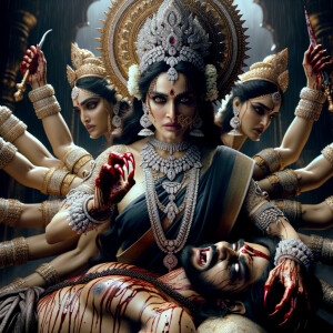 portrait of intense looking, four-armed indian goddess sitting...