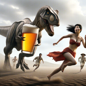 The woman is being chased by a beer drinking dinosaur