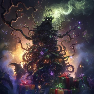In a hazy, psychedelic forest, a sinister Santa figure sits atop...