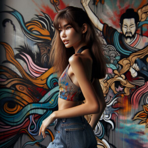 Very thin Athletic Thin skinny Attractive, Asian teenage girl, long brown hair and bangs, wearing tight skinny jeans and a halter top paint marks on her clothing, sitting side view heroic pose Asian graffiti