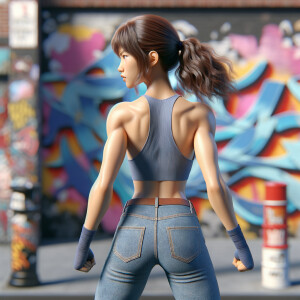 Athletic Thin skinny Attractive, Asian teenage girl, long brown hair and bangs, wearing tight skinny jeans and a halter top paint marks on her clothing, heroic pose Asian graffiti background, backside view