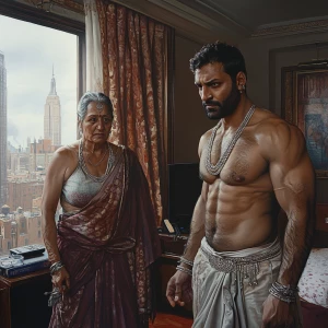 Photorealism, a muscular, sweaty man entering a New York hotel r...