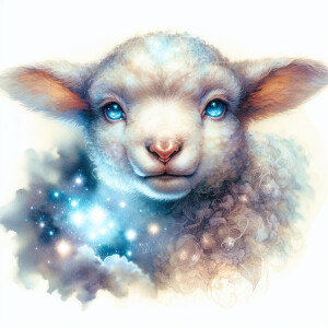 magical and mystical full body baby lamb with blue eyes done in...