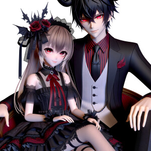 A girl named lilith with elegant gothic lolita dress sit on the lap of Handsome Lucifer with Black Horn, Msyterious Aura of Black and red, Lilith and Lucifer evil smirks, glowing eyes, 3D, High Res