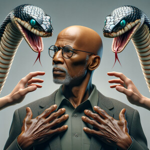 "Craft a hyper-realistic scenario where three humanoid snake cha...