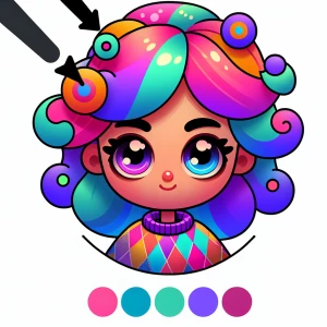 Create an image of a stylized cartoon girl, featuring vibrant co...