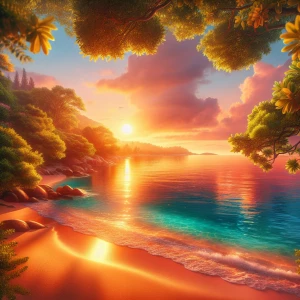 I want a bright but still calming it should have a sunset near t...