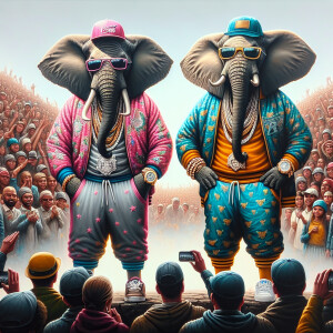 Elephants wearing hip-hop clothing and jewelry standing infront...