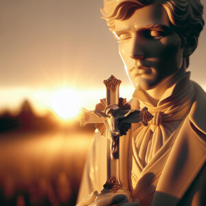 Porcelain man holding a Porcelain cross,  golden hour background