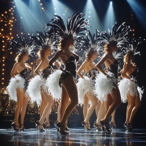 Create a photorealistic image depicting a troupe of Las Vegas showgirls adorned with black and white feather boas, performing a dance routine on a brightly lit stage.