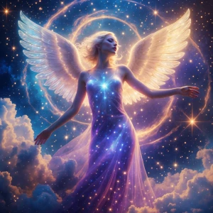 Create an image of a celestial being with glowing wings, floatin...