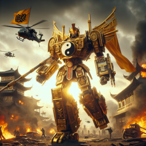 China as a transformer character, adorned with golden emperor ar...