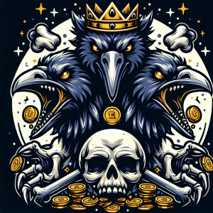 vicious three headed crow with skull and bone and money everywhe...