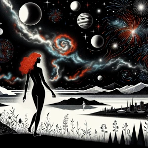 Prompt: A slender, beautiful woman with flaming red hair looks o...