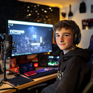 A boy is sitting in the studio with a PC behind him, a laptop on...