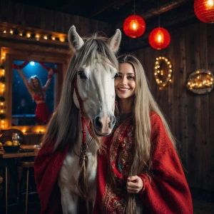 Happy gypsy horse mascot with long hair rapunzel straight on a l...