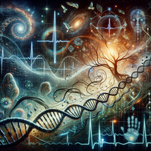 lie detector graphs, cardio, printout , branches infinity sign, cave, Art, handprints, distant birds flying, flowering vines, abstract gestural painting, dna cave drawings galaxies electrical cardiogram