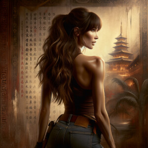 Athletic Thin skinny Attractive, Asian teenage girl, long brown hair and bangs, wearing tight skinny jeans and a halter top paint marks on her clothing, heroic pose Asian graffiti background, backside view