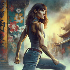 Athletic Thin skinny Attractive, Asian teenage girl, long brown hair and bangs, wearing tight skinny jeans and a halter top paint marks on her clothing, heroic pose Asian graffiti background, backside view