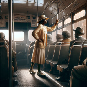 Powerful depiction of Rosa Parks sitting on a bus, photorealisti...