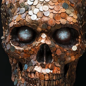 Skull formed with pennies hyperrealistic ,eyes staring into the...