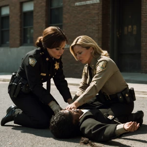 A woman in a formal business suit assists an injured deputy sher...