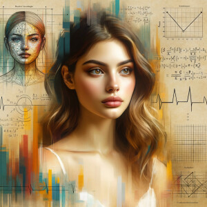 Abstract, minimalist, painting, with pencil line, paint stroke, gestures, colorful marks, mathematical equations, electrical cardiogram, printouts complex math formulas, dna asian teen girl