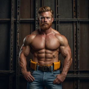 Create an image of a muscular, hairy-chested construction worker...