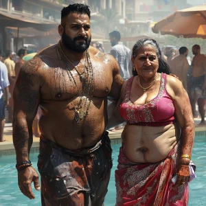 Digital art ,a pool party new york summer resort,a muscular big...