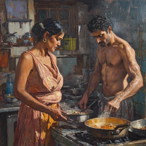 Realism art,poised 50-year-old woman villainy nosering ponytail...