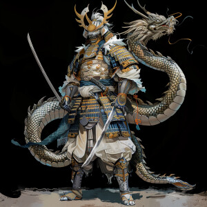 Full body picture of Mythical  Japanese samurai wearing dragon w...
